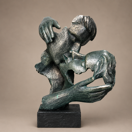 Bronze Lovers Sculpture photographed on a warm beige studio background