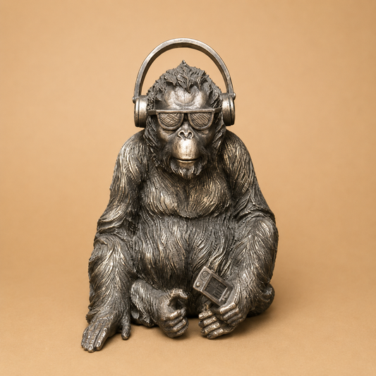 Bronze Monkey Headphones Phone Figurine photographed on a warm beige studio background