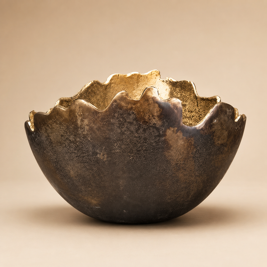 Bronze Textured Edge Decorative Bowl photographed on a warm beige studio background