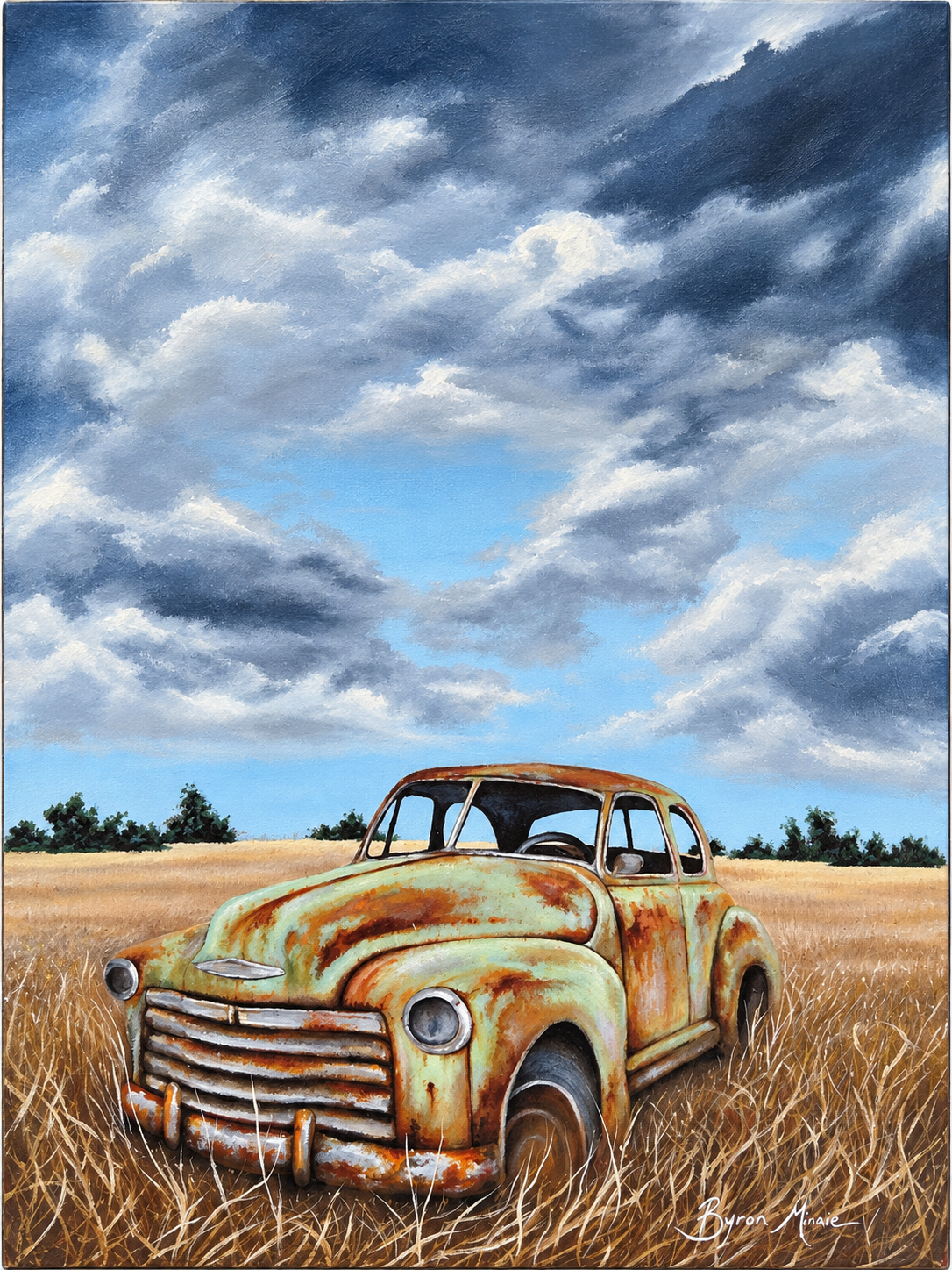 Original oil painting by Byron Minnie depicting a weathered vintage car beneath dramatic skies in earthy brown and blue tones.