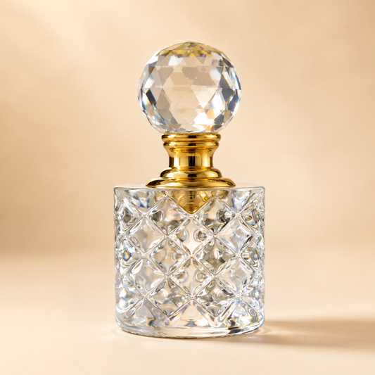 Clear Crystal Perfume Bottle with Gold Top photographed on a warm beige studio background