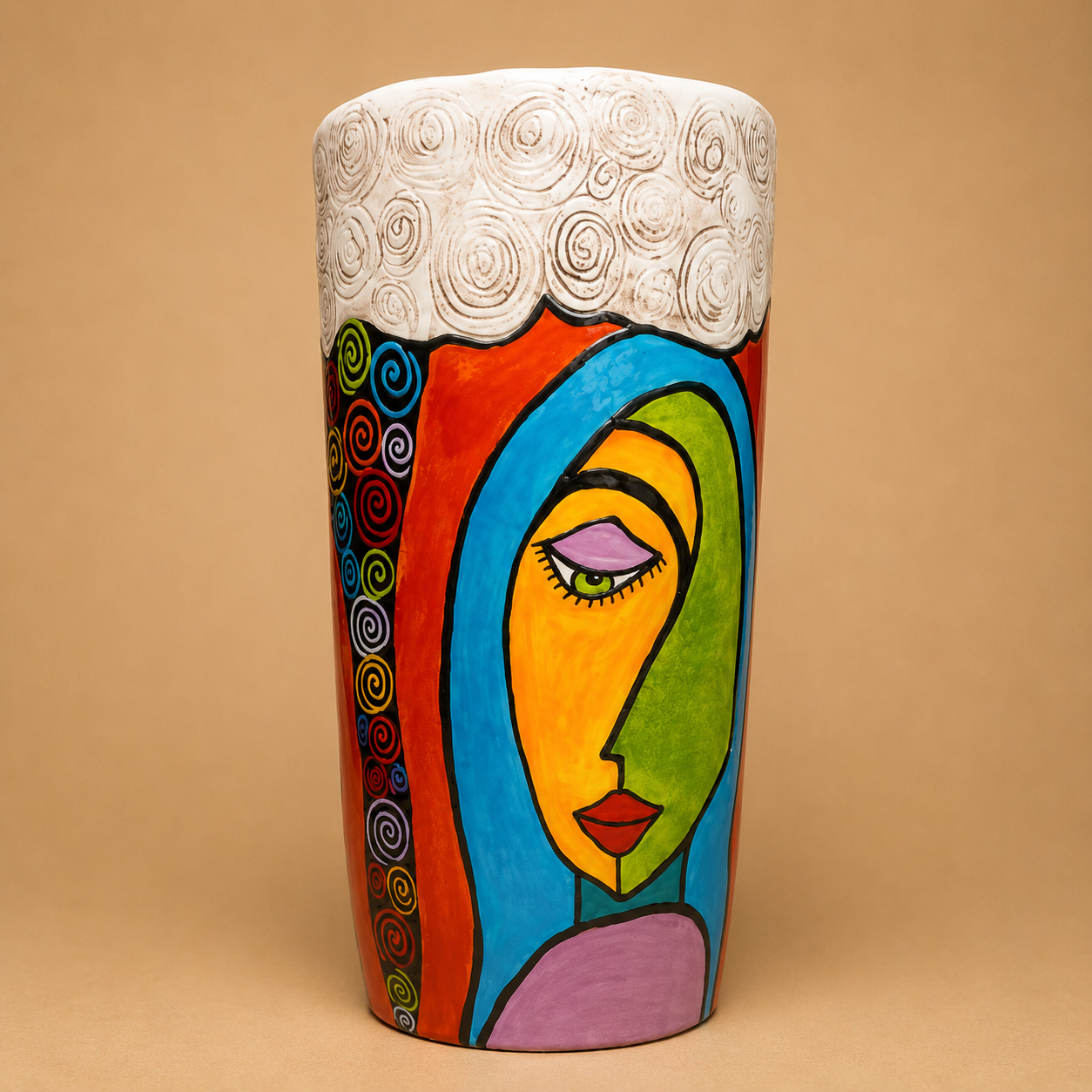 Handcrafted Colourful Abstract Face Ceramic Vase photographed on a warm beige studio background