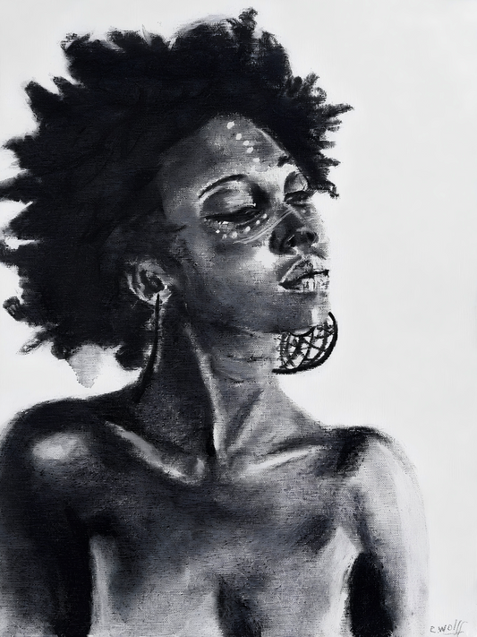 Cornelie Wolff oil artwork on stretched canvas depicting a monochrome African woman with natural hair, decorative face markings and a statement earring