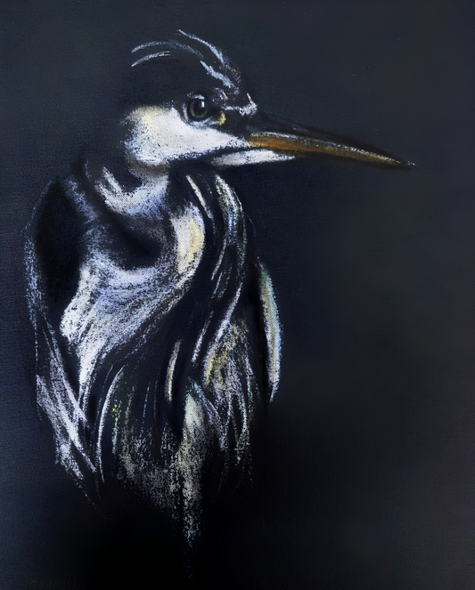 Cornelie Wolff oil artwork on stretched canvas depicting a close-up heron portrait with a long beak against a deep black background