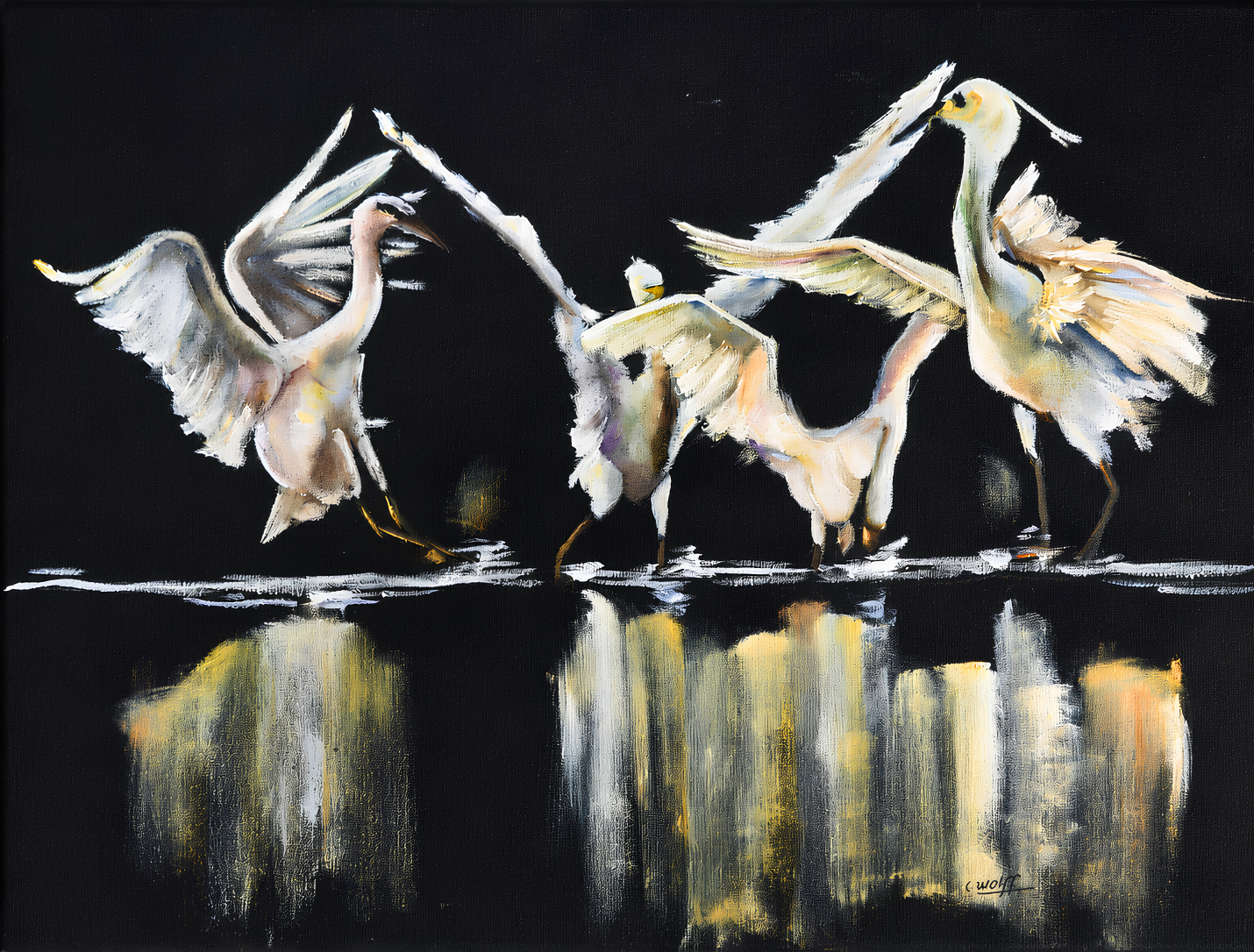 Cornelie Wolff oil artwork on stretched canvas depicting white waterbirds in graceful motion above reflective water against a black background