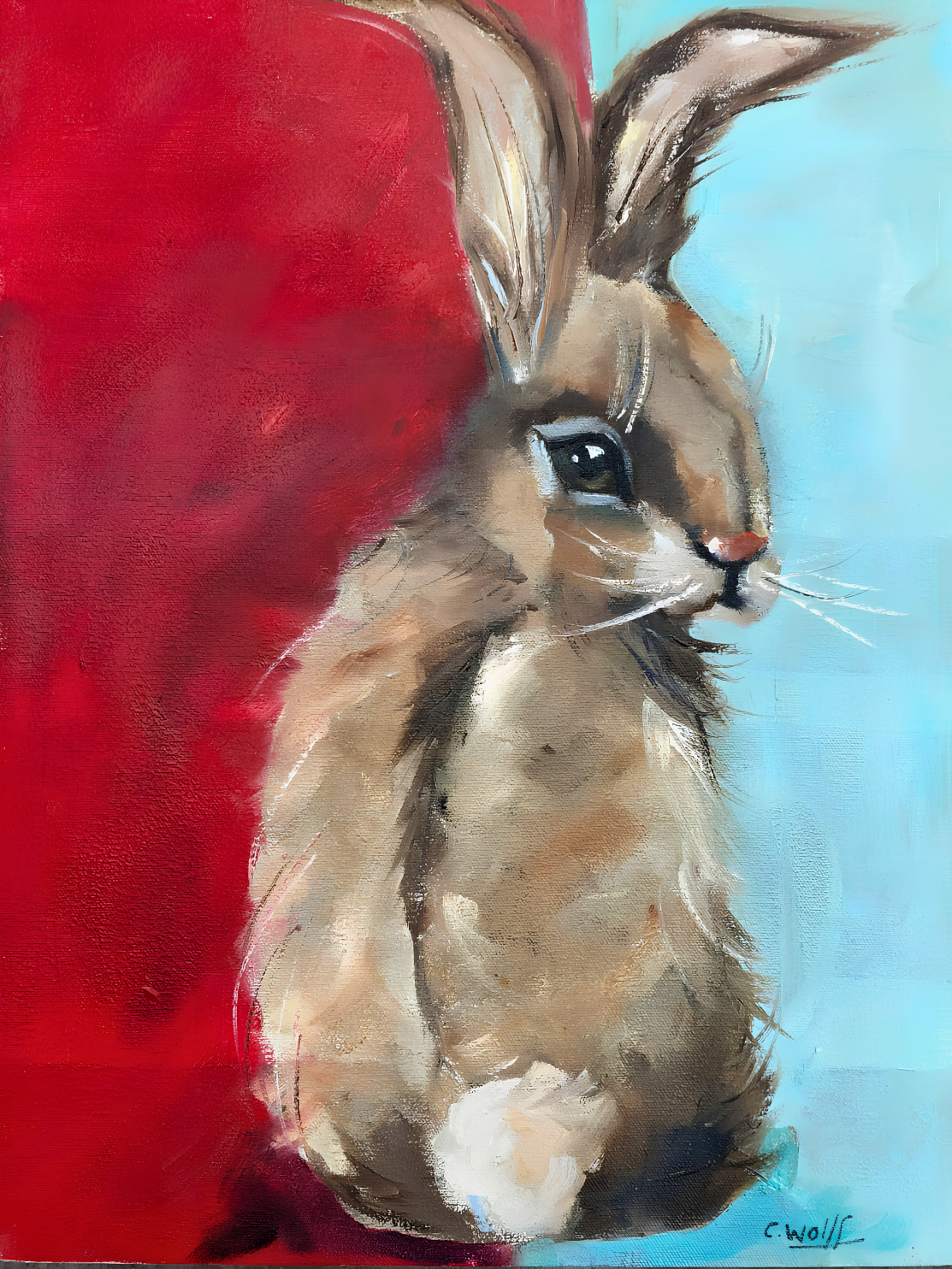 Cornelie Wolff oil artwork on stretched canvas depicting a brown hare in profile against a bold crimson red and turquoise blue background