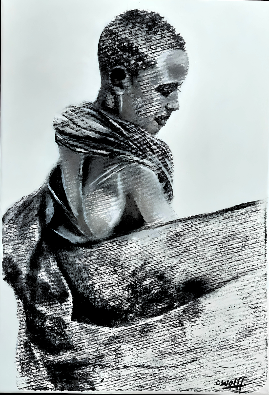 Cornelie Wolff original oil painting on stretched canvas depicting a seated African woman in profile, wrapped in flowing patterned fabric