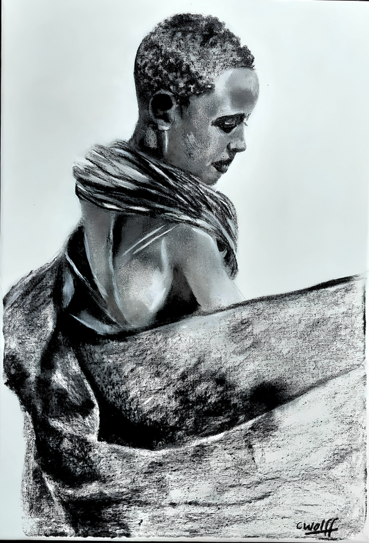 Cornelie Wolff original oil painting on stretched canvas depicting a seated African woman in profile, wrapped in flowing patterned fabric
