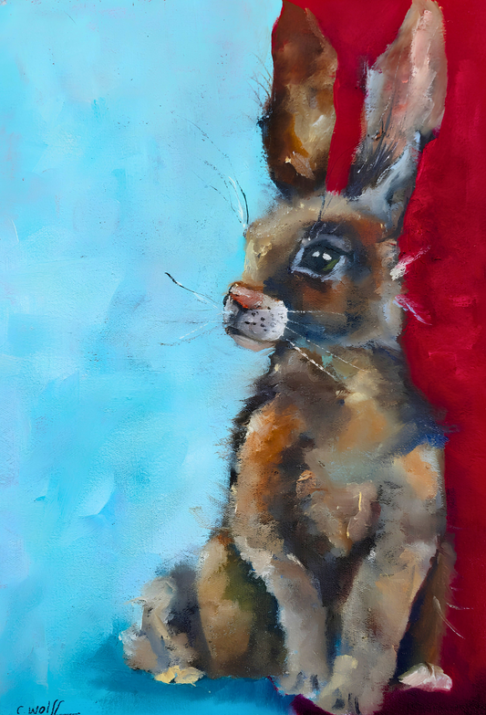 Cornelie Wolff oil artwork on stretched canvas depicting a curious brown hare beside a bold red form against a turquoise blue background