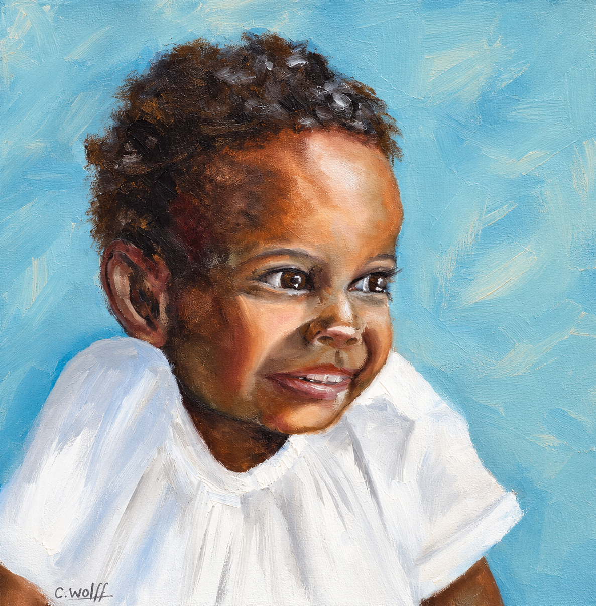 Cornelie Wolff original oil painting of a smiling curly-haired child in a white shirt against a light blue background