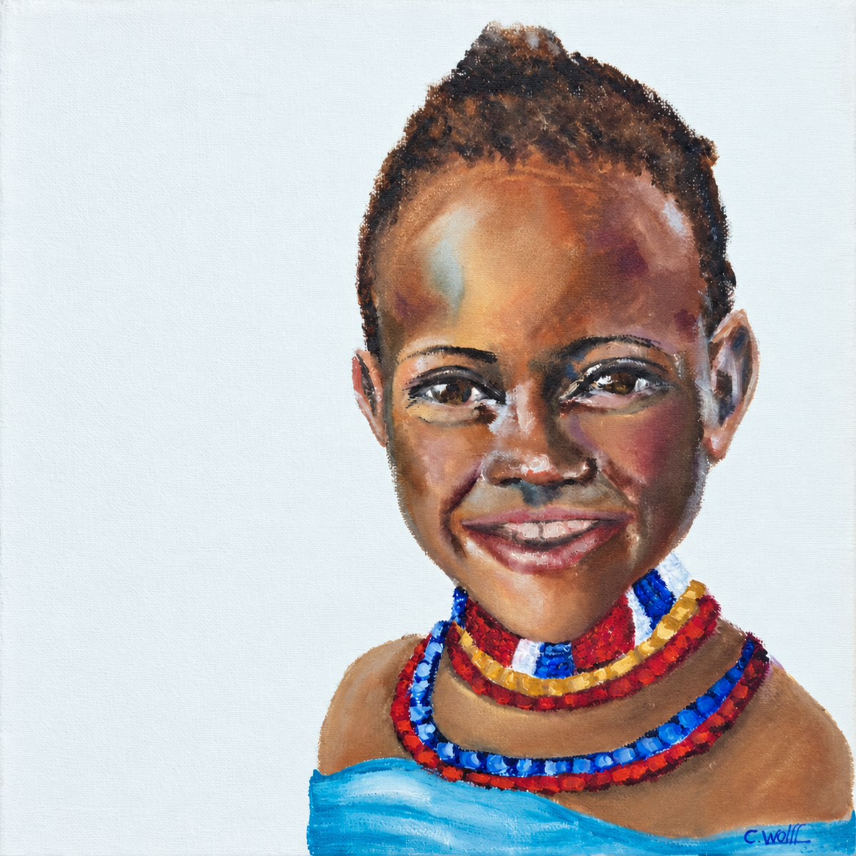 Cornelie Wolff original oil painting showing a smiling young girl wearing colourful beaded necklaces and a blue-striped garment