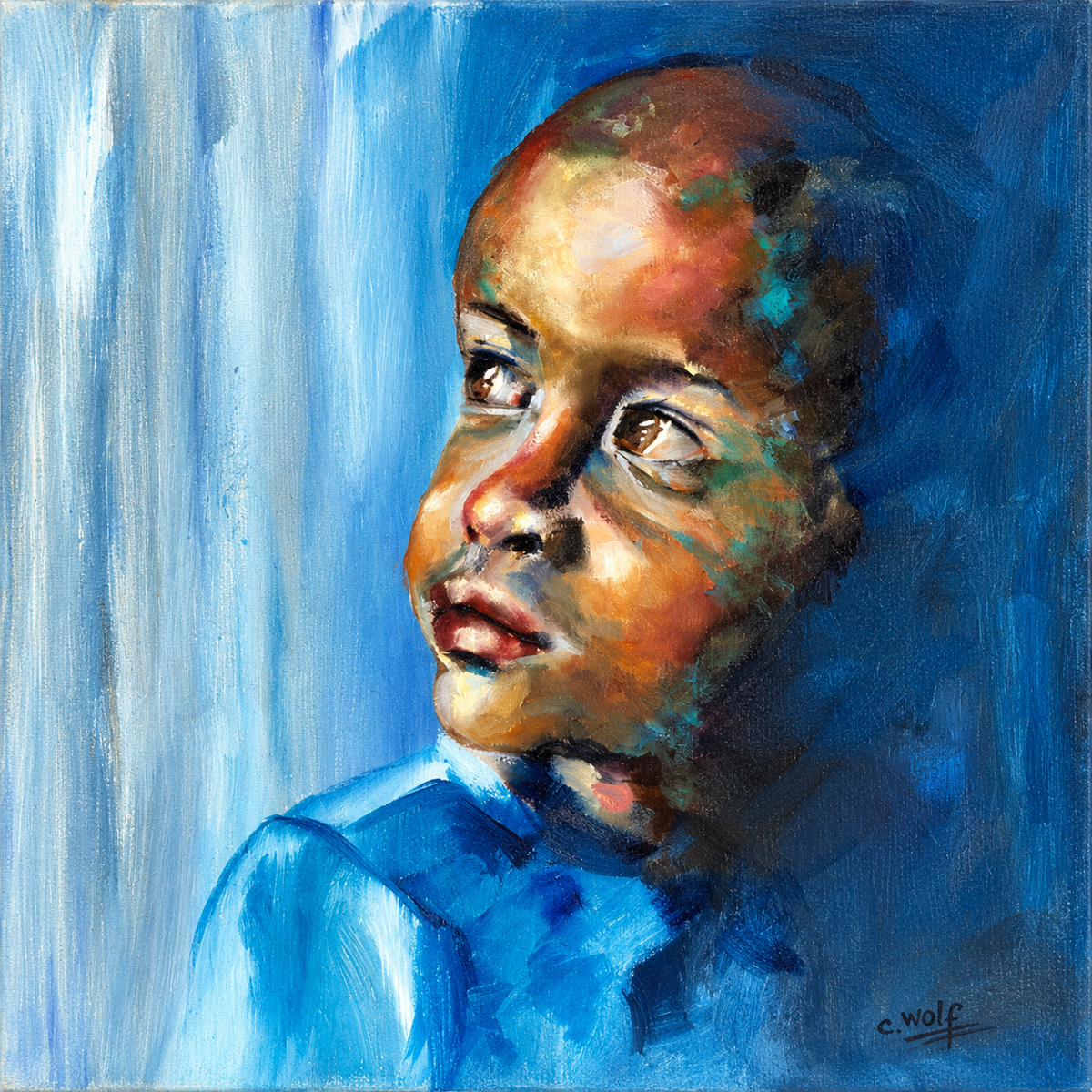 Cornelie Wolff original oil painting on stretched canvas depicting a young child in blue against an expressive blue background