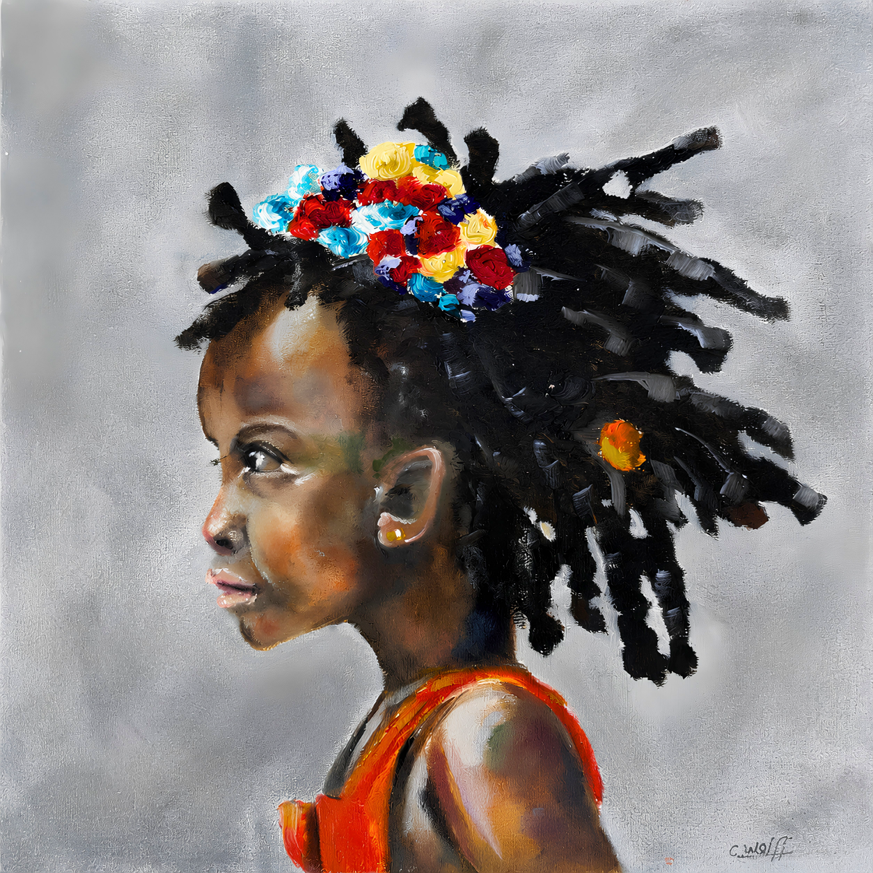 Cornelie Wolff oil artwork on stretched canvas depicting a young African girl in profile with natural hair adorned with colourful flowers