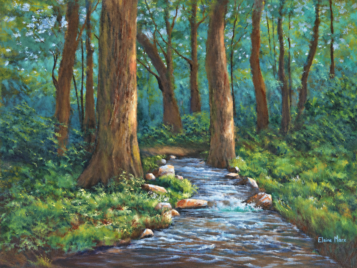 Elaine Marx original landscape artwork featuring a tranquil forest stream flowing between tall trees, rocks and lush green vegetation