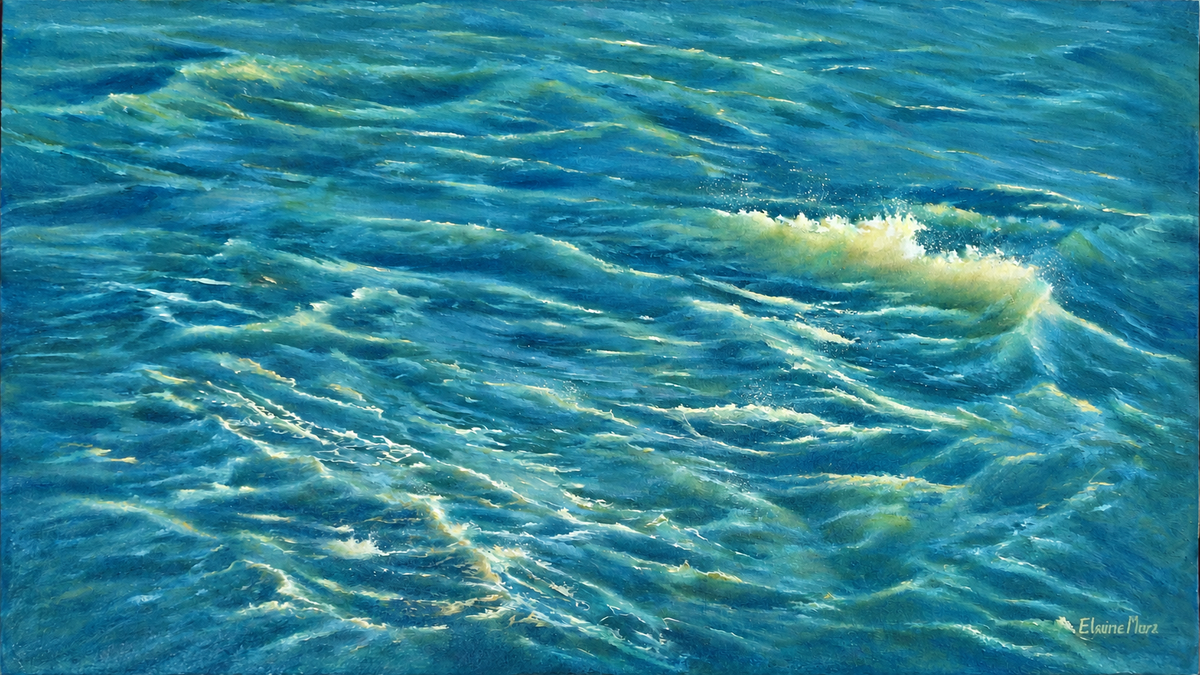 Elaine Marx original artwork depicting rolling blue and turquoise ocean waves with foaming crests and luminous reflected light