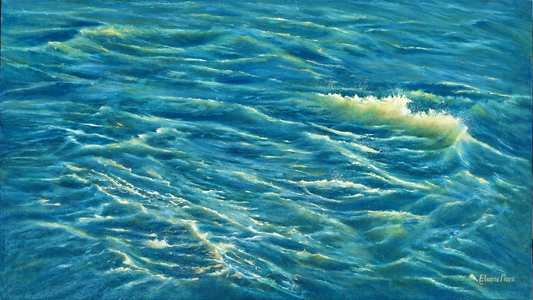 Elaine Marx original artwork depicting rolling blue and turquoise ocean waves with foaming crests and luminous reflected light