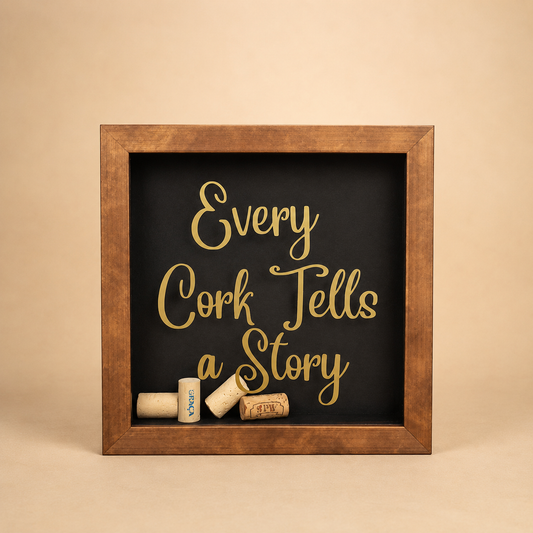 Every Cork Tells a Story Framed Sign – Black photographed on a warm beige studio background