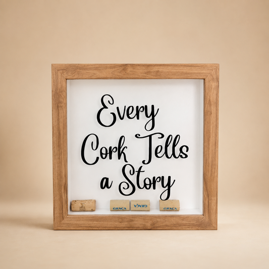 Every Cork Tells a Story Framed Sign – White photographed on a warm beige studio background