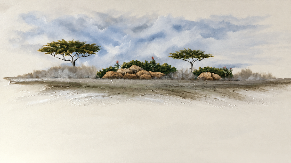 Ewaldi artwork: Two spreading acacias rise beside a low rocky mound with sparse shrubs under a softly streaked blue-grey sky.