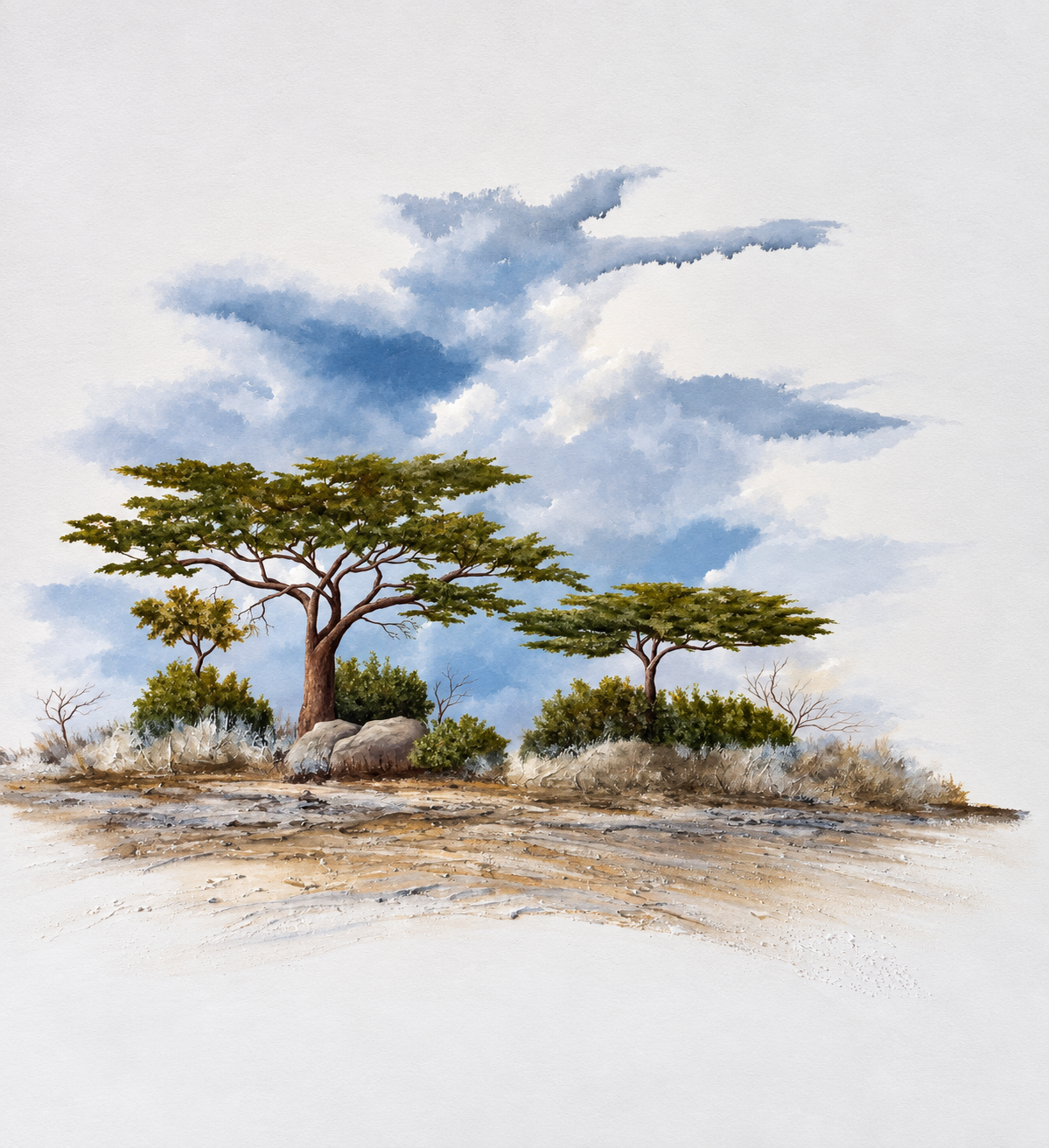 Ewaldi artwork: Two leafy flat-topped acacias rise above pale boulders on a sandy rise under wispy blue cloud formations.