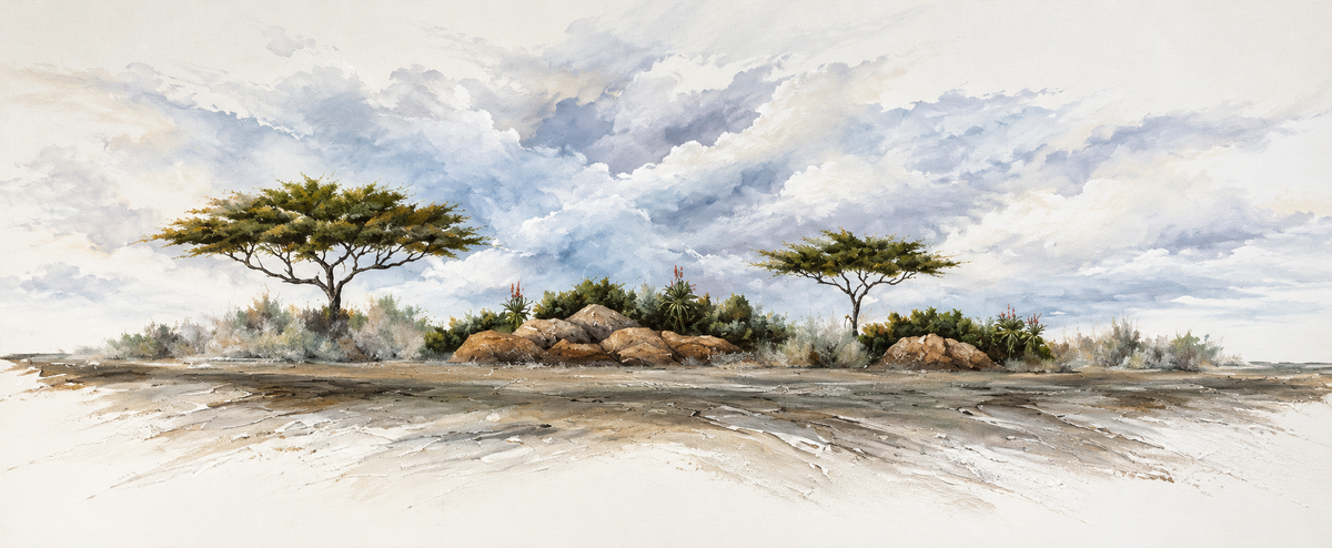 Ewaldi artwork: Two broad acacias flank a low rocky mound beneath a long bank of rolling blue-grey clouds in a wide panorama.