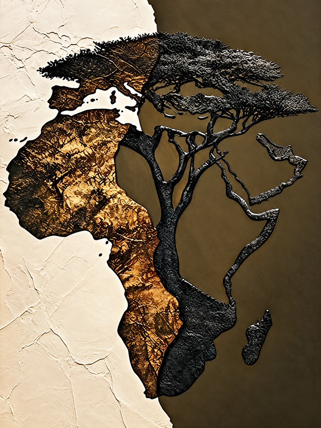 Ewaldi artwork: A raised dark relief of the African continent contains a spreading acacia silhouette across its upper half.
