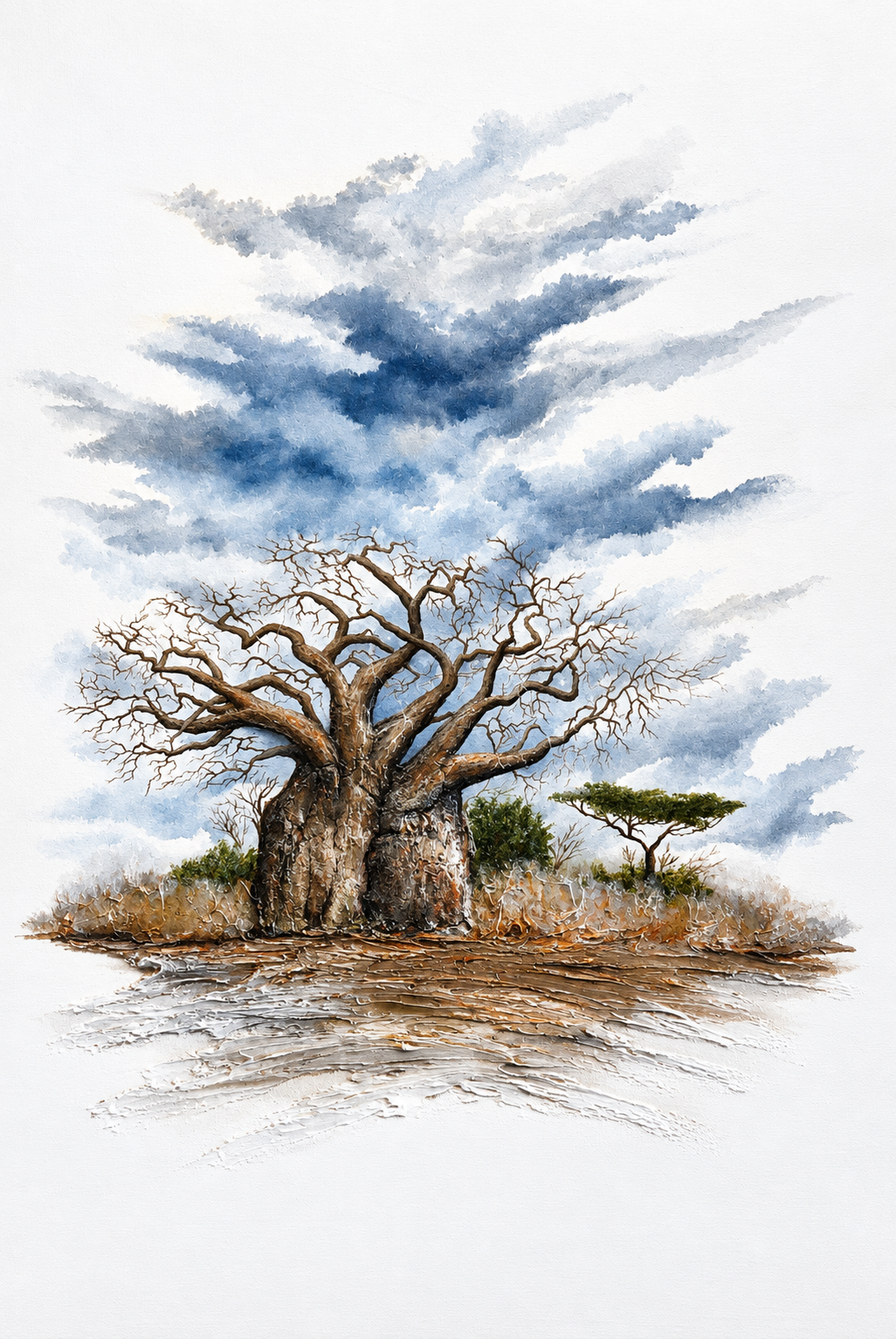 Ewaldi artwork: An ancient, thick-trunked leafless baobab stands above a small patch of rocky savanna.