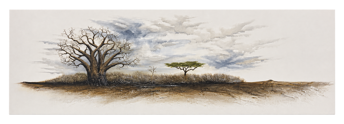Ewaldi artwork: A bare, branching baobab and a small flat-topped acacia stand on a low, sandy savanna beneath a cloudy sky.