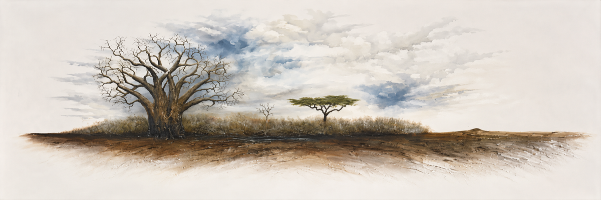 Ewaldi artwork: A sprawling leafless baobab at left and a solitary umbrella-shaped acacia at right occupy a thin ochre.