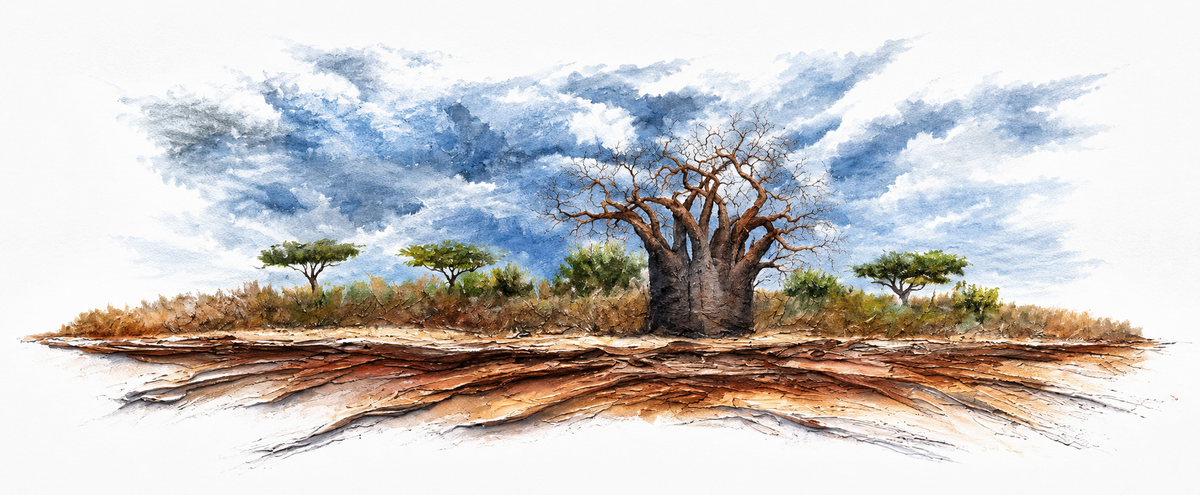 Ewaldi artwork: A wide island-like strip of dry, cracked ground carries a central bare baobab and low green acacias.