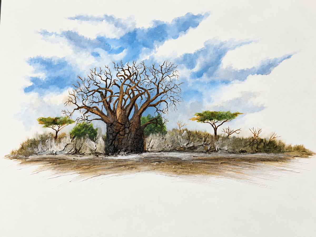 Ewaldi artwork: A large bare-branched baobab with smaller acacia trees on a low.