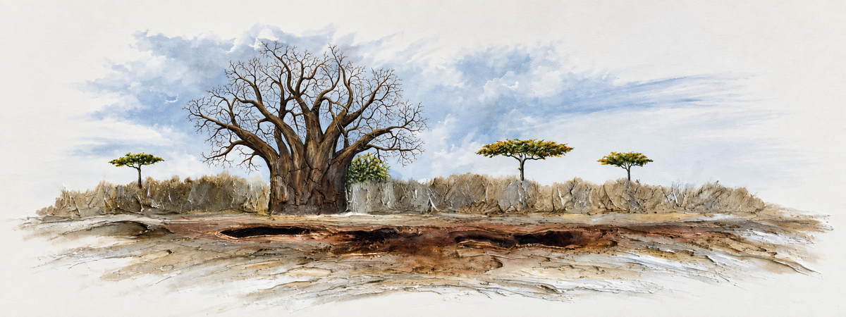 Ewaldi artwork: A broad, mostly bare baobab stands on a pale savanna rise.