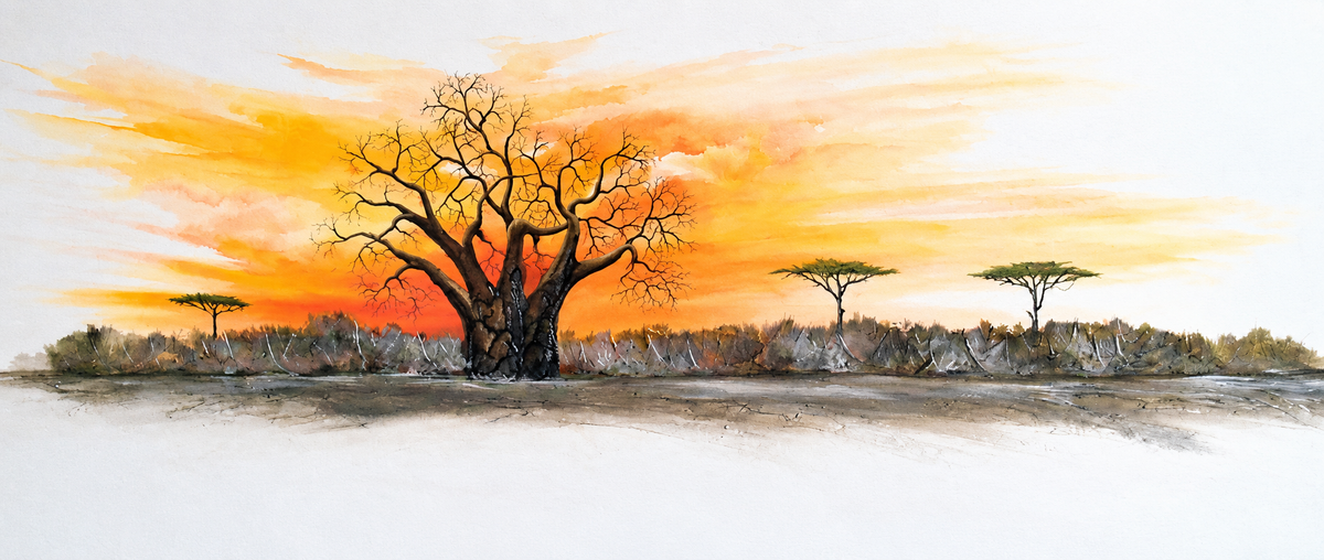 Ewaldi artwork: A solitary spreading baobab silhouetted against an orange-gold sunset.