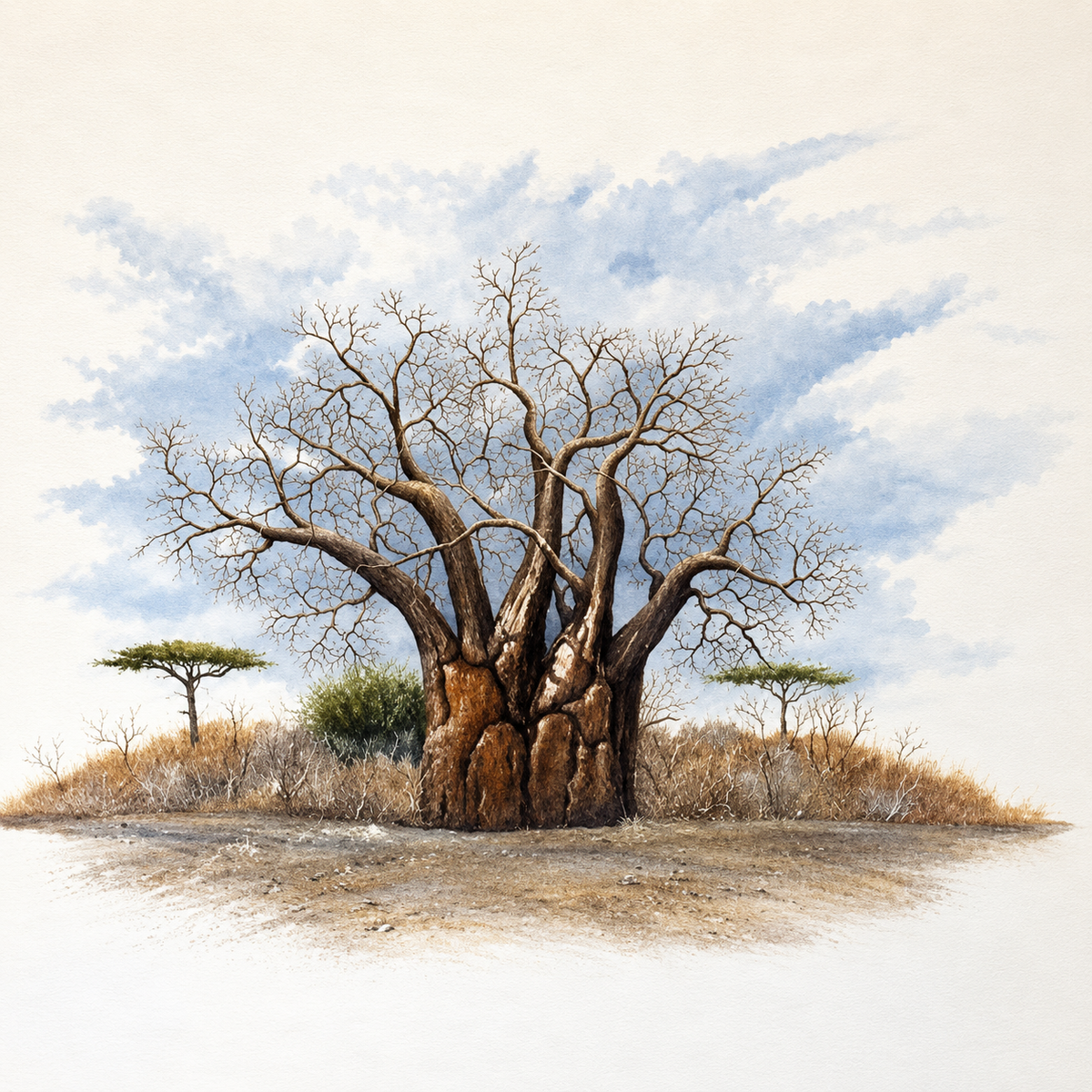 Ewaldi artwork: A group of closely joined bare baobab trunks occupies the centre of a pale savanna.