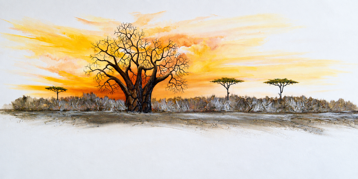 Ewaldi artwork: A dark branching baobab dominates the centre of a narrow savanna horizon.
