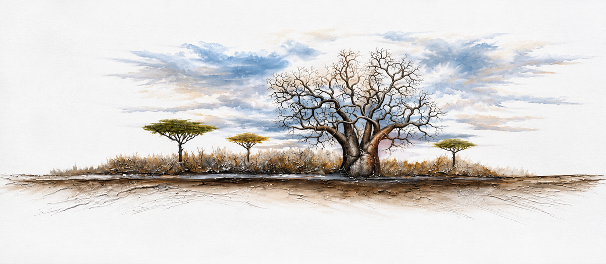Ewaldi artwork: A thick, spreading baobab fills the centre-right of a panoramic savanna scene.
