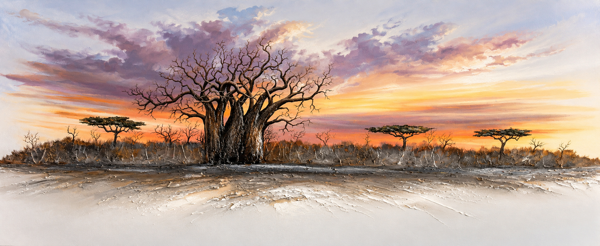 Ewaldi artwork: A large silhouetted baobab anchors a wide savanna horizon beneath orange and mauve sunset bands and distant.