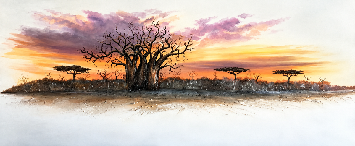 Ewaldi artwork: A solitary multi-trunk baobab stands against streaks of pink and peach sunset.