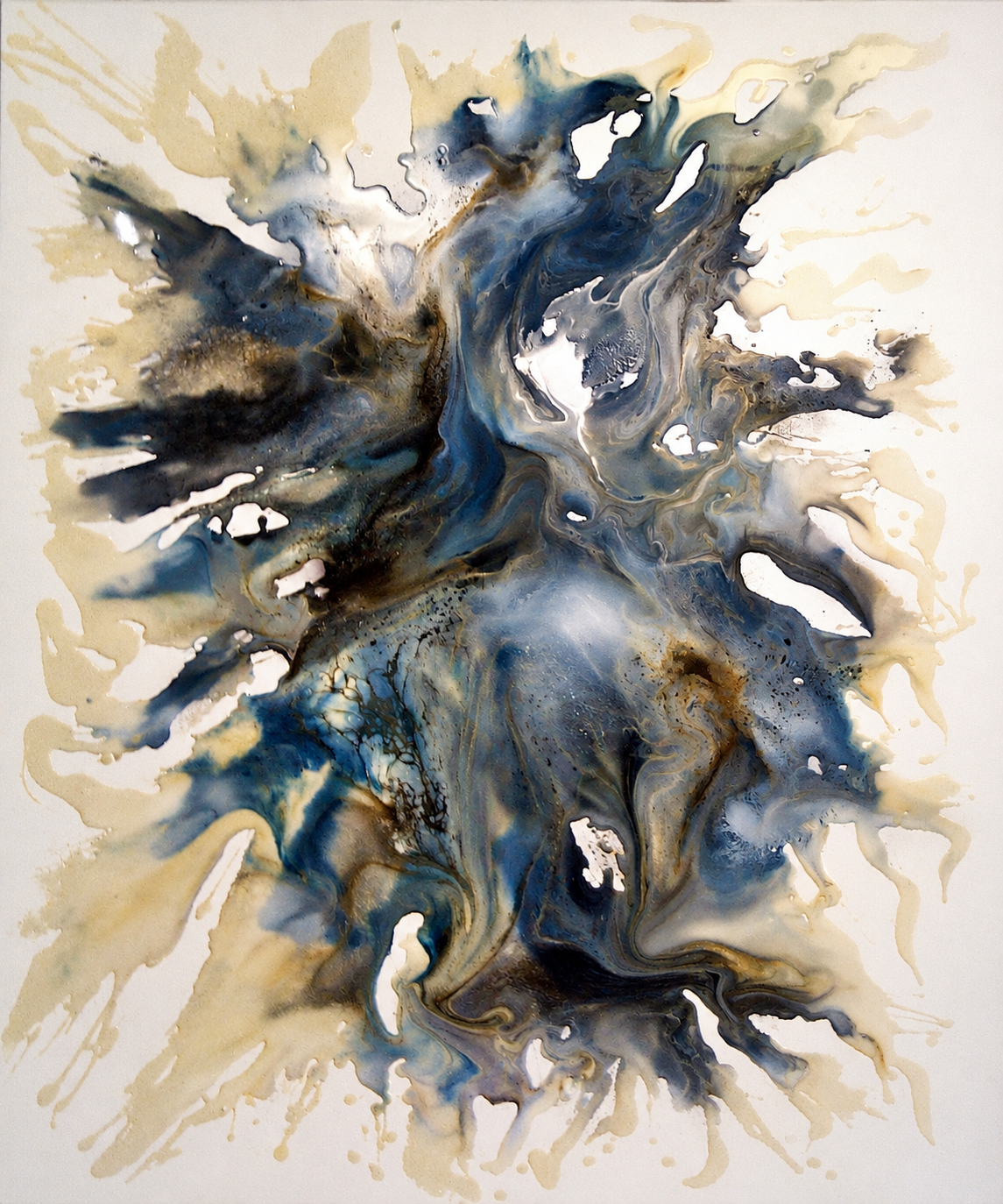 Ewaldi artwork: A vertical eruption of fluid-like charcoal and navy shapes rises through pale ivory space.