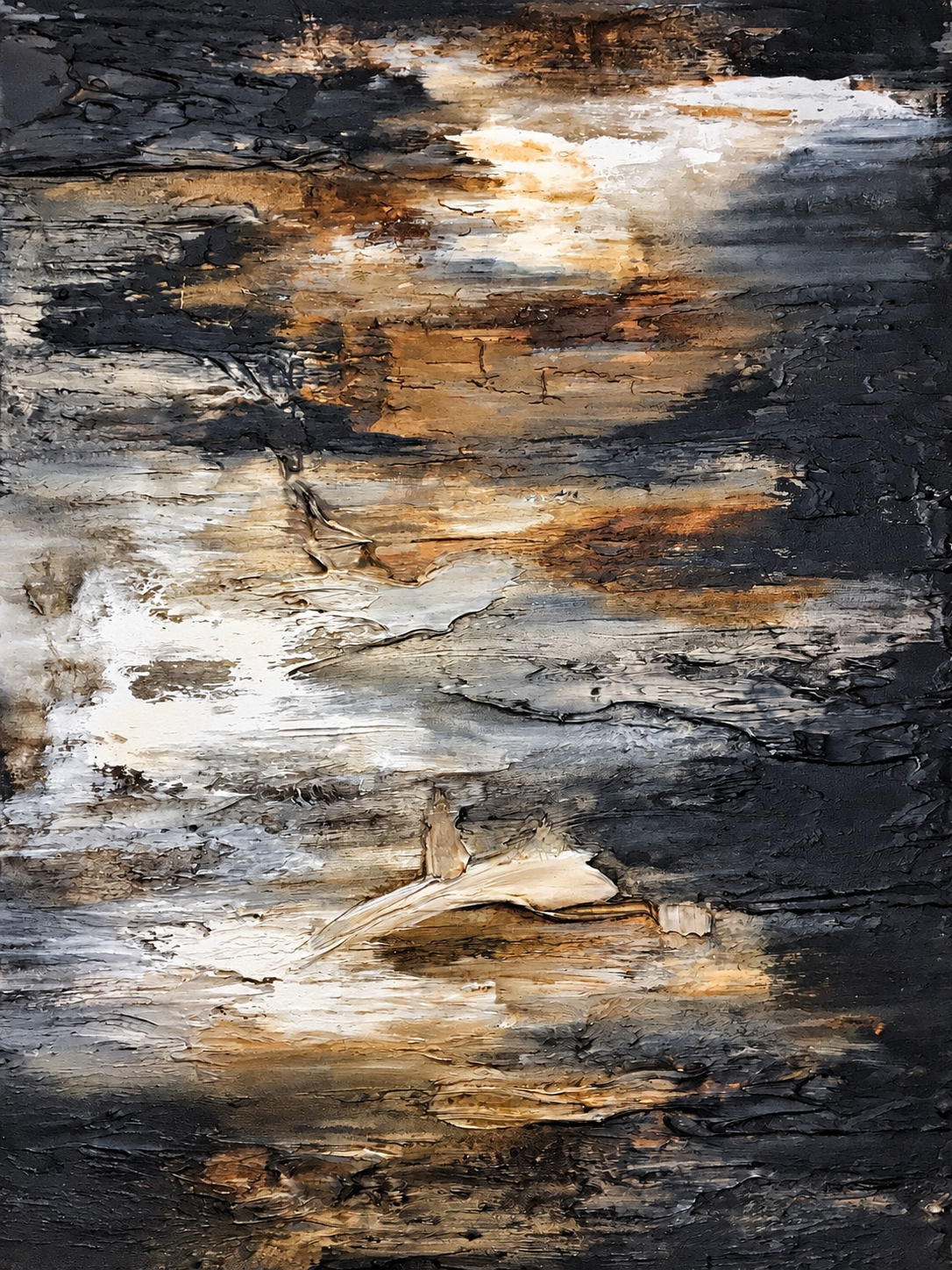 Ewaldi artwork: Layered horizontal bands of dark charcoal, black, white and warm metallic-looking ochre.