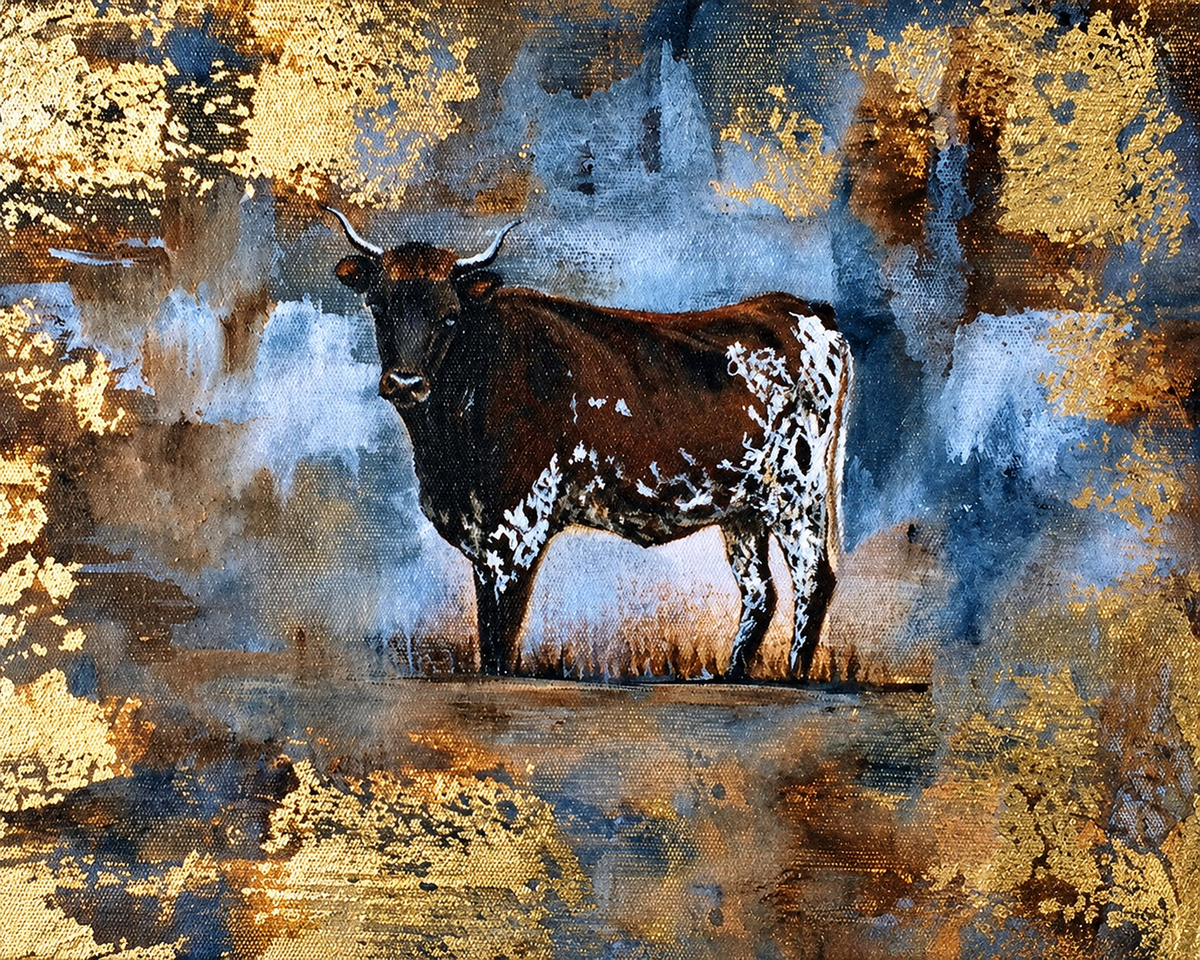 Ewaldi artwork: A standing brown-and-white speckled cow faces outward against weathered cobalt-blue patches and distressed.