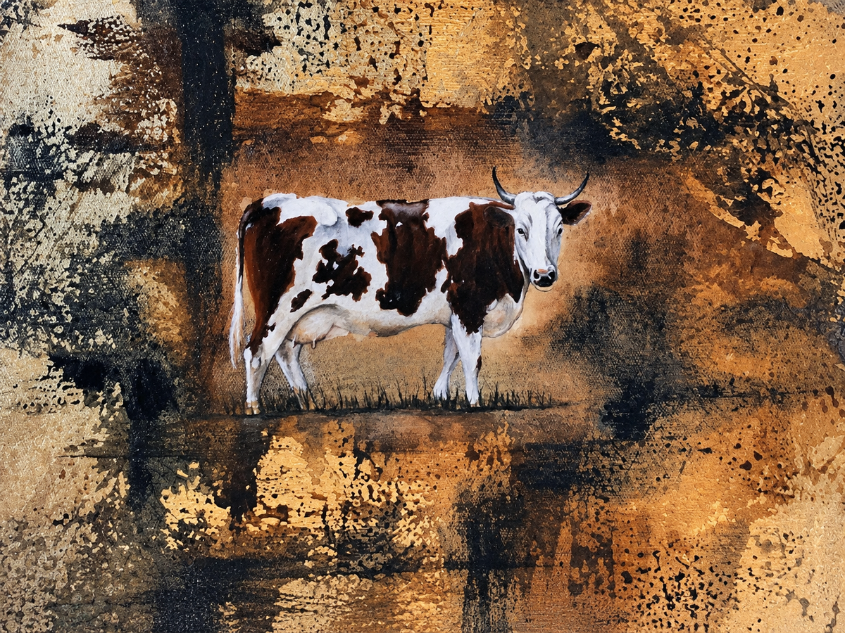 Ewaldi artwork: A black-and-white spotted cow standing against a distressed.