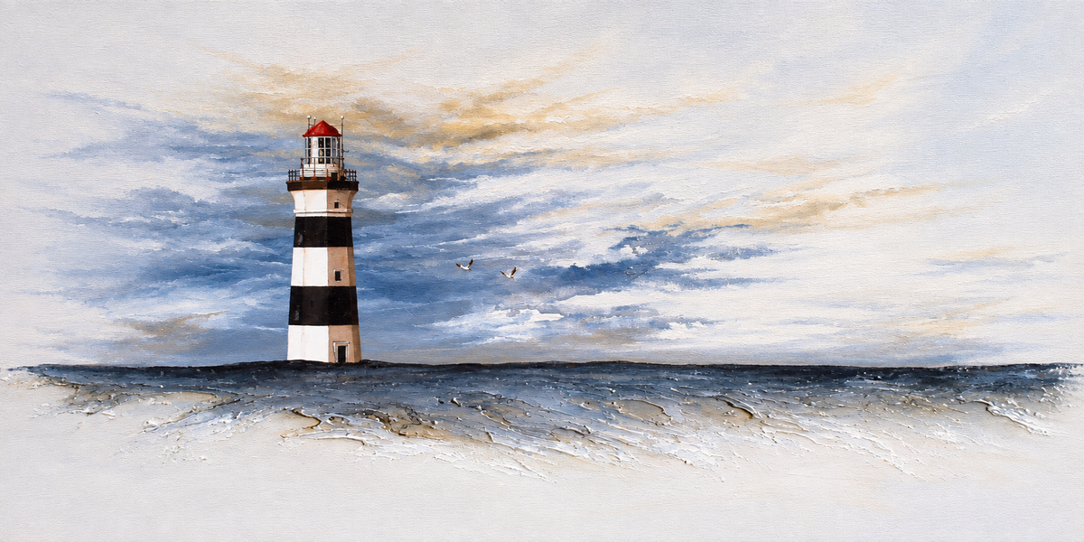 Ewaldi artwork: A tall black-and-white horizontally striped lighthouse rises above a low coastal strip beneath a streaked.
