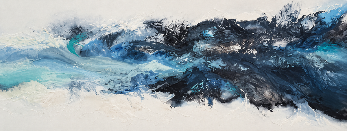 Ewaldi artwork: A jagged wave of deep navy and black marks races horizontally through white space.