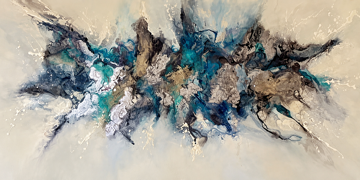 Ewaldi artwork: Jagged navy and turquoise abstract masses stretch horizontally through grey.