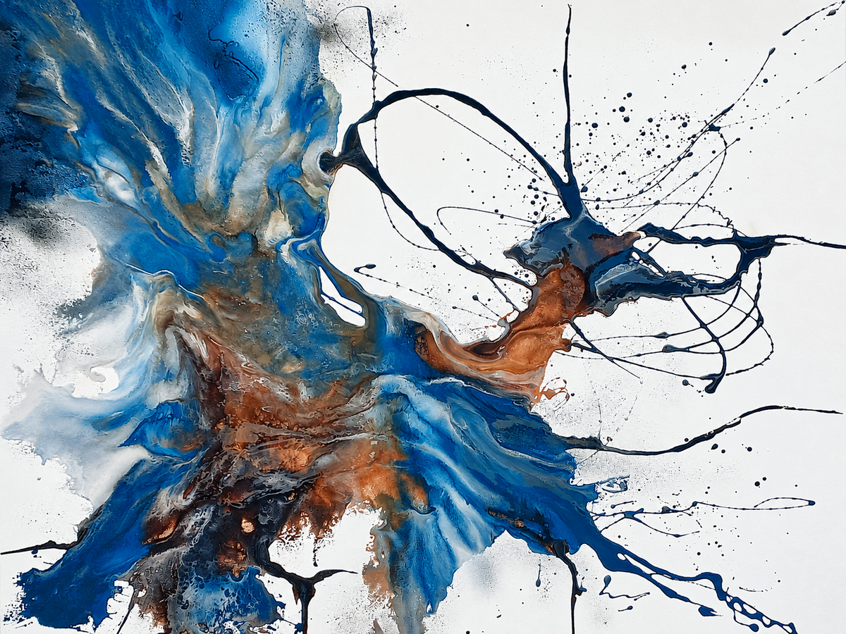 Ewaldi artwork: A sweeping blue-and-rust gestural splash with branching black calligraphic lines on a pale ground.