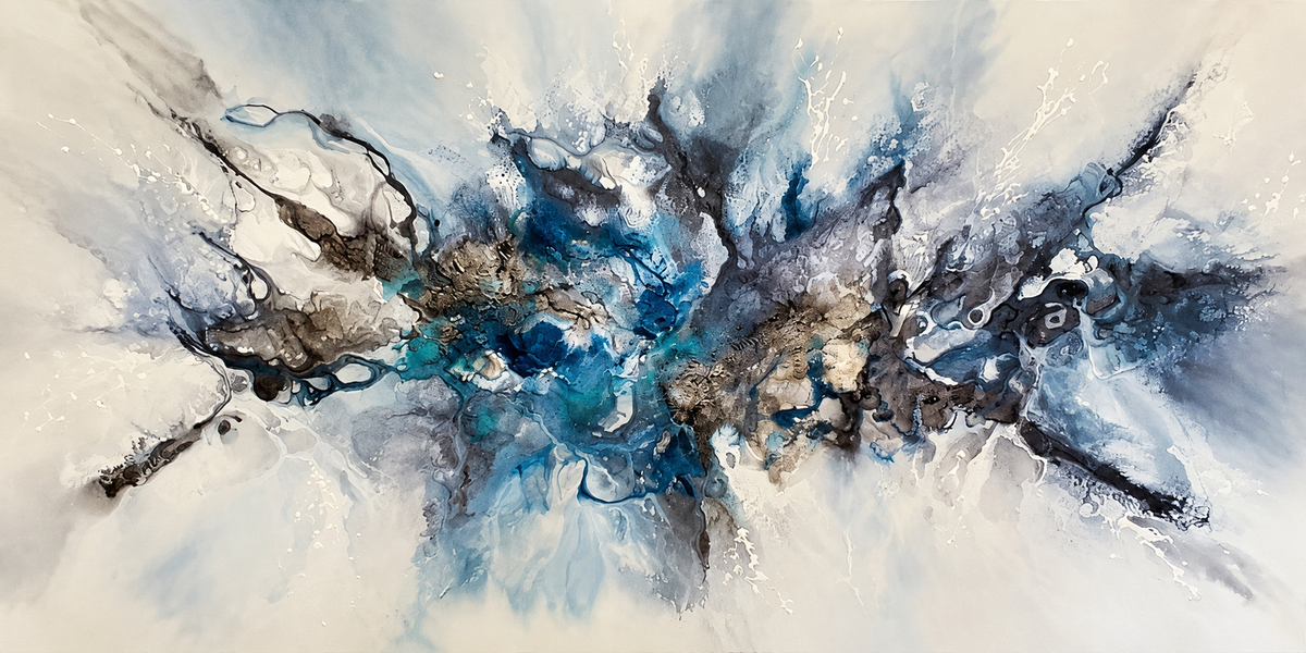 Ewaldi artwork: A central knot of textured blue and charcoal paint spreads in spidery strokes across a spacious cream.