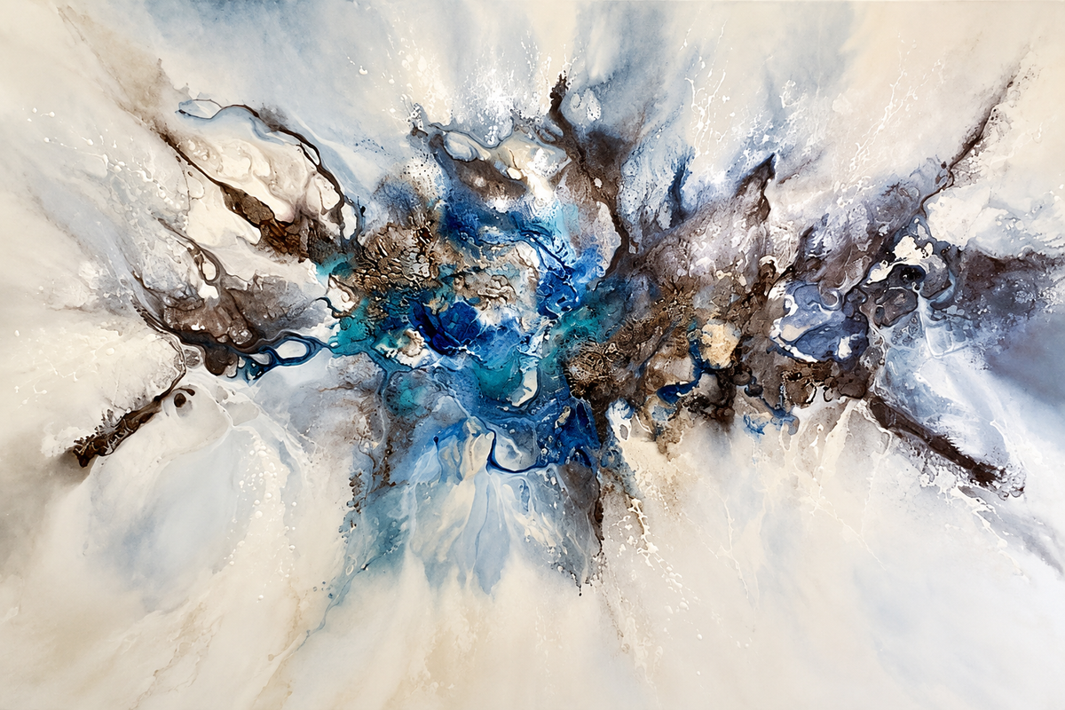 Ewaldi artwork: An elongated fluid burst of interwoven blue, brown and charcoal streaks spreading horizontally.