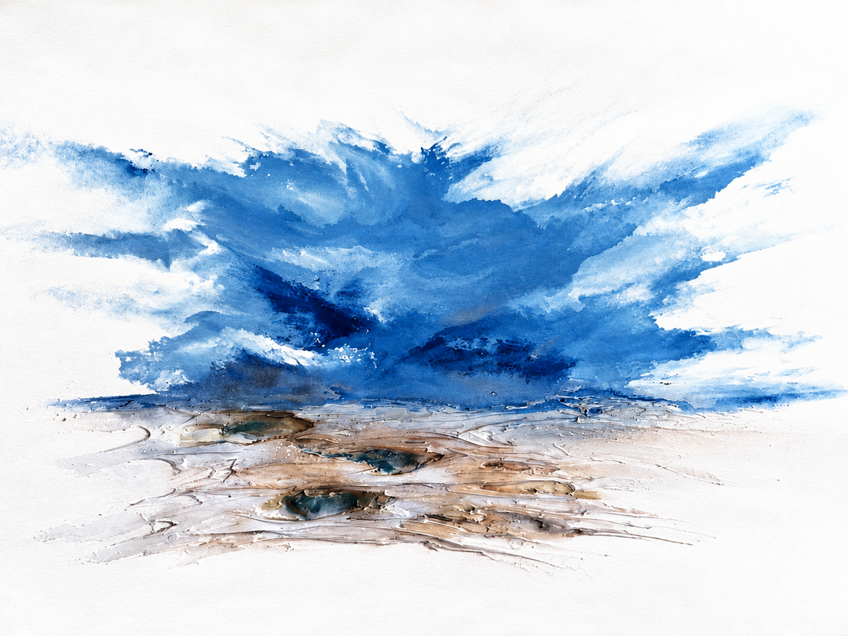 Ewaldi artwork: A dramatic cloud-like sweep of blue paint rises over light sand-coloured marks.