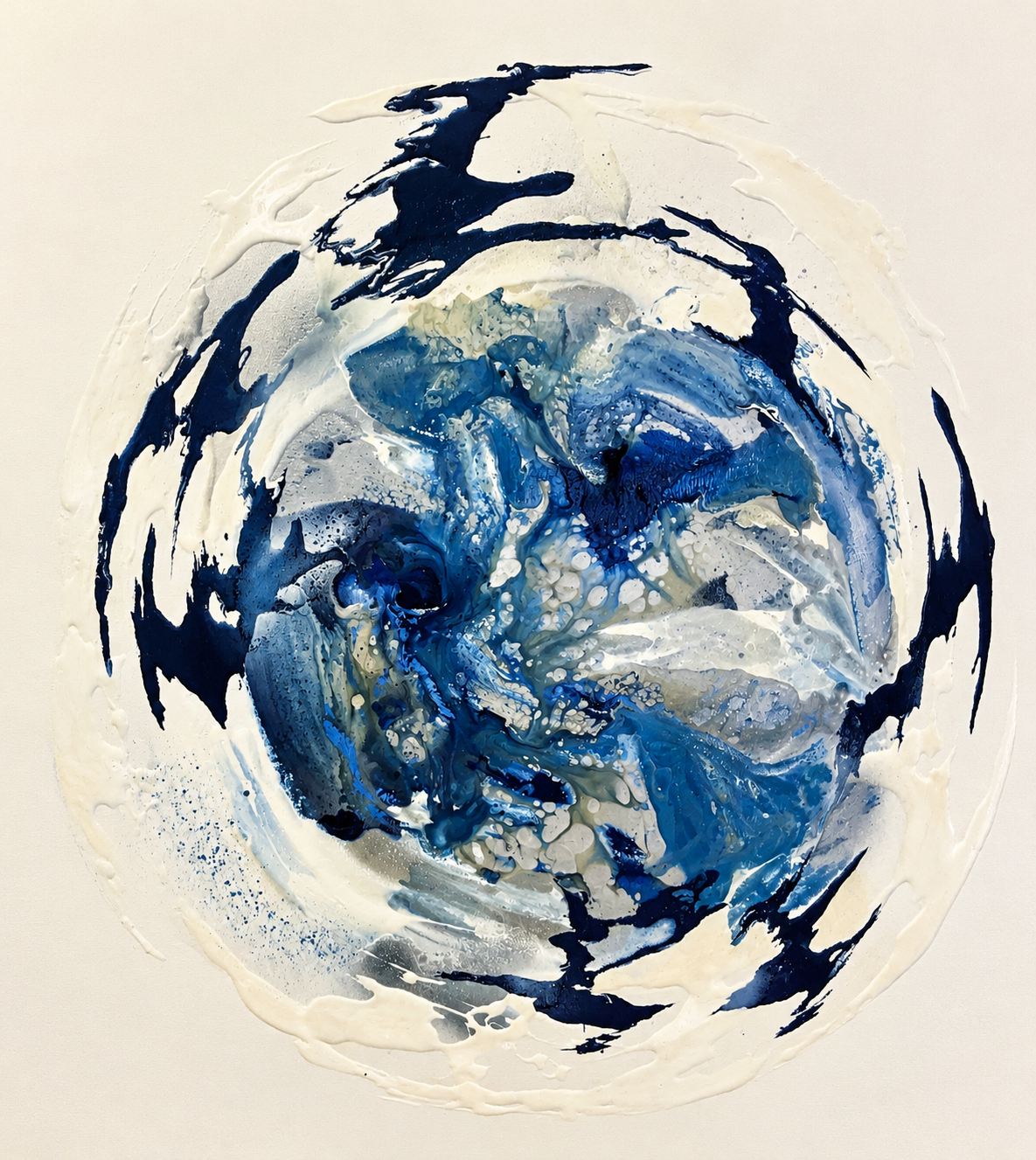 Ewaldi artwork: A circular concentration of dark and light blue paint forms a loose whirlpool of wave-like strokes on a warm.